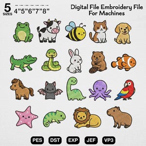 Può includere: Un file di ricamo digitale per macchine con 19 disegni di animali e creature, tra cui una rana, una mucca, un'ape, un gatto, un cane, un alligatore, un serpente, un coniglio, un castoro, un pesce, un cavallo, un pipistrello, un dinosauro e altri.