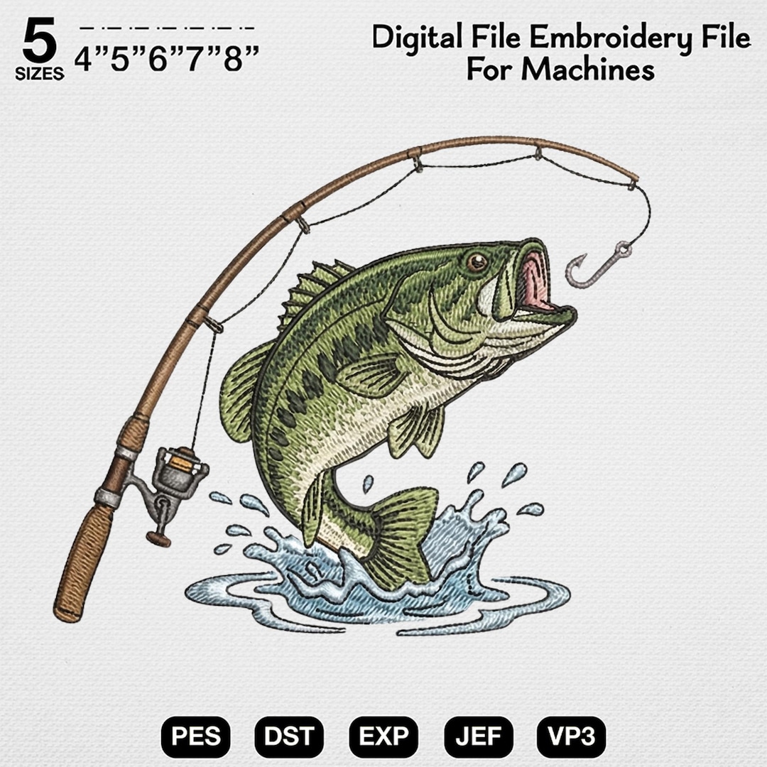 Bass Fishing Embroidery Design, Jumping Fish Embroidery File, Fishing ...
