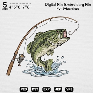 Bass fishing embroidery design, jumping fish embroidery file, fishing embroidery pattern, fisherman gift design, outdoor embroidery