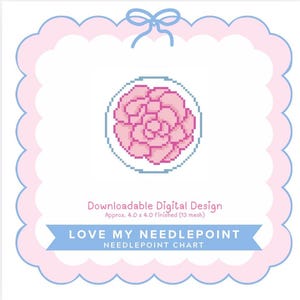 Puede incluir: Un diseño digital para punto de aguja con una flor rosa pixelada. El diseño terminado mide aproximadamente 10,16 x 10,16 cm y tiene 13 mallas. El texto "LOVE MY NEEDLEPOINT NEEDLEPOINT CHART" se muestra.
