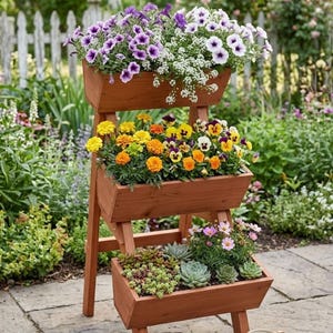 May include: A three-tiered wooden planter filled with colorful flowers and succulents. The top tier features purple and white petunias, the middle tier has yellow and orange pansies, and the bottom tier displays green succulents and pink flowers. A small watering can sits nearby.