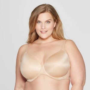 May include: A beige bra with adjustable straps and underwire support. The bra has a smooth, seamless design and a full coverage style. The fabric appears to be a soft, satin-like material.