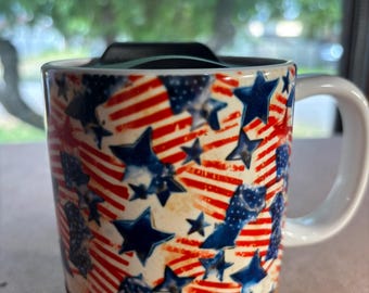 12 Oz. Americana Red White & Blue Stars And Stripes Travel Coffee Mug, Blessed Ceramic Cup (Gift Box)