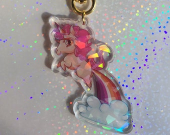 Lesbian Pride Unicorn Holographic Keychain | Double Sided 2.5" Clear Acrylic Keychain Charm with Star Shaped Carabiner Clasp