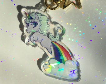 Gay Pride Unicorn Holographic Keychain | Double Sided 2.5" Clear Acrylic Keychain Charm with Star Shaped Carabiner Clasp