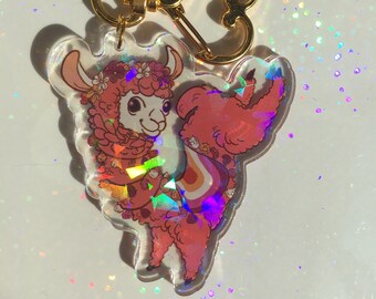 Lesbian Pride Llama Holographic Keychain | Double Sided 2.5" Clear Acrylic Keychain Charm with Heart Shaped Carabiner Clasp