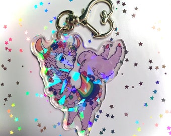 Gay Pride Llama Holographic Keychain | Rainbow Flag | Double Sided 2.5" Clear Acrylic Keychain Charm with Heart Shaped Carabiner Clasp