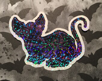 Sphynx Cat Holographic Vinyl Sparkle Sticker | Hairless Cat Sticker | Halloween Cat Sticker | Black Cat Sticker | Purple Cat Sticker