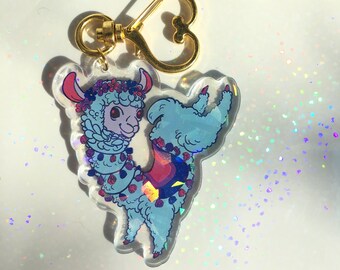Bi Pride Llama Holographic Keychain | Double Sided 2.5" Clear Acrylic Keychain Charm with Heart Shaped Carabiner Clasp