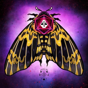 May include: Illustration of a moth with black and yellow wings, a red geometric shape with a skull design on its body, and a purple galaxy background. The moth's antennae are black with white tips. The artwork is signed "LUNARLI ART".