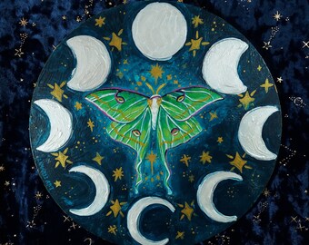 Lunar Phases OOAK Gouache and Acrylic Painting | 12" x 12" Original Luna Moth Painting | Ready to Hang