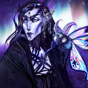May include: Digital art of a mystical figure with pale skin, dark hair, and pointed ears, adorned with celestial symbols. The figure holds a moth with iridescent wings. The background is a gradient of purple and blue with stars.