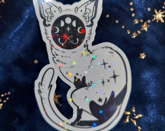 Moon Phase Chenille Holographic Sticker | Witch Warlock Familiar Sticker | Black and White Moon Phase Cat Sticker
