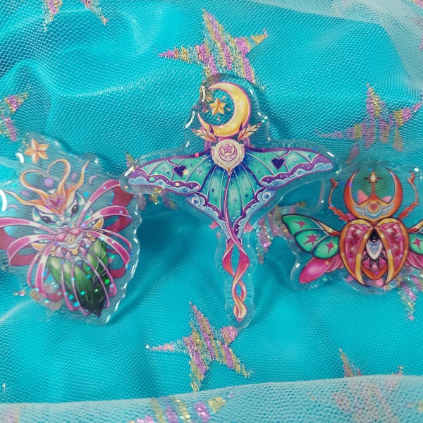 Magical Insects Acrylic Pins | Holographic Epoxy Moth, Beetle, and Caterpillar Pins | 2.5" & 3" Acrylic Pins