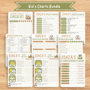 Puede incluir: Un conjunto de gráficos imprimibles para niños, que incluyen listas de verificación diarias, horarios, planes semanales, rastreadores de comportamiento y gráficos de consecuencias. Los gráficos presentan ilustraciones de animales y el texto "Kid's Charts Bundle" y "Kinza's".