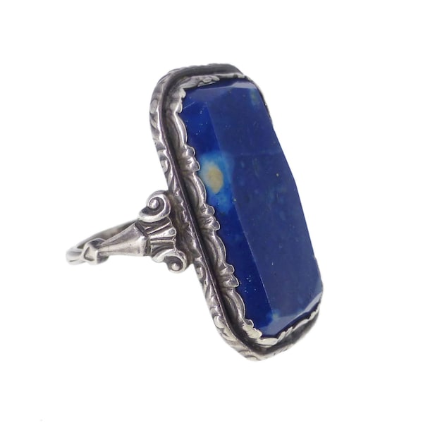 Antique Art Deco Silver Lapis Stone Ring