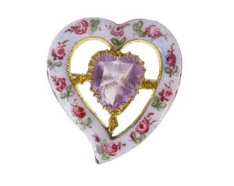 Antique Edwardian Floral Enamel Witches Heart Brooch