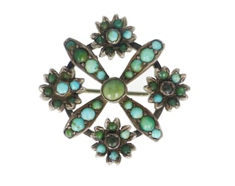 Antique Silver Turquoise Floral Pendant Brooch