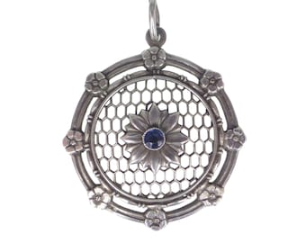 Antique Silver Honeycomb Floral Blue Glass Pendant