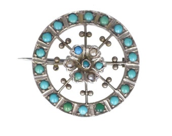 Antique Silver Turquoise Floral Brooch