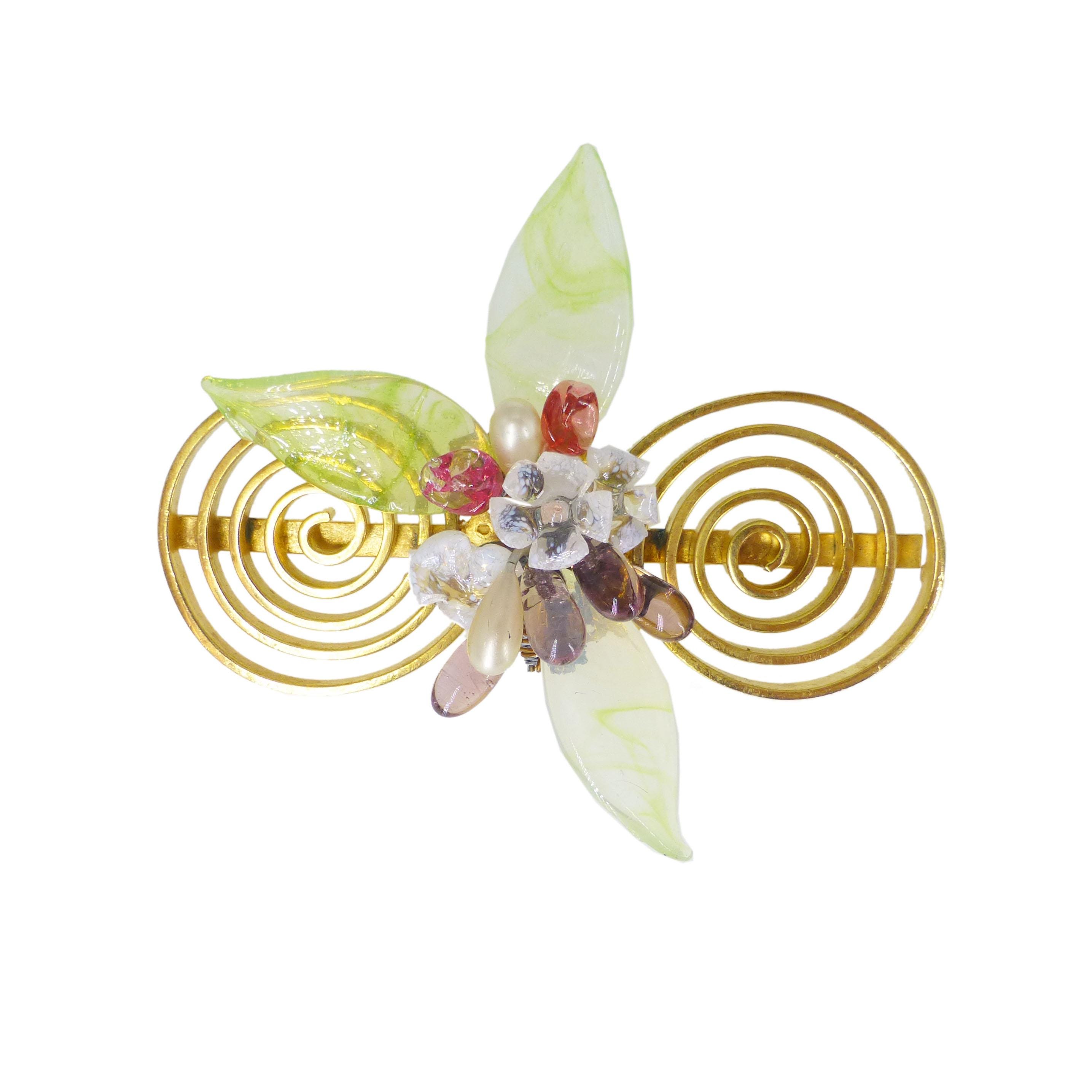Broche Pendentif émaillé Vintage Bazot Grelet - Pâte De Verre Et Métal Doré - Fleur