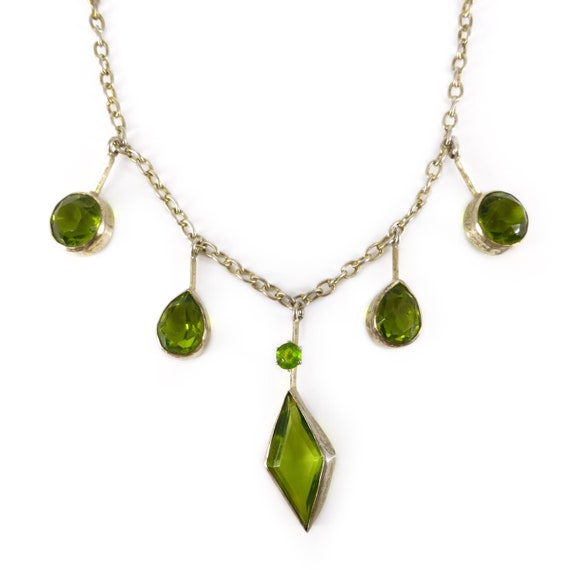Antique Edwardian Peridot Glass Diamond Drop Neckl