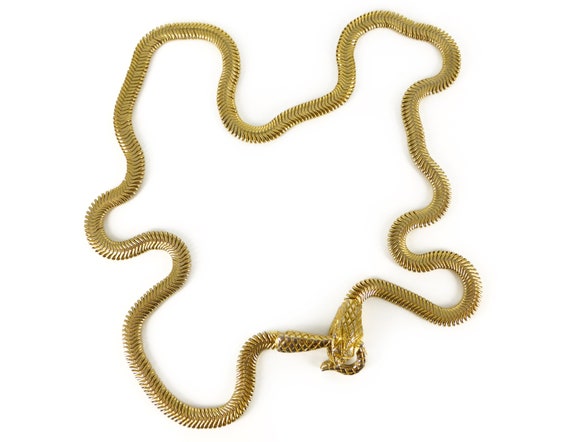Vintage Gold Tone Serpent Snake Flat Chain Necklac