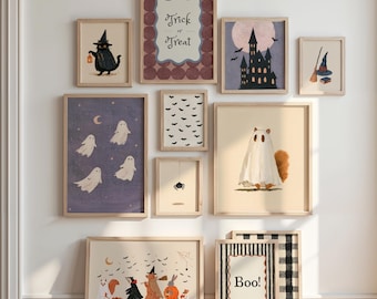 May include: A gallery wall arrangement of ten framed Halloween-themed art prints. The collection features illustrations of a black cat, a haunted castle, ghosts, bats, a spider, a squirrel in a ghost costume, and a group of animals trick-or-treating.