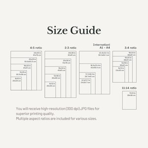 May include: A size guide chart featuring black text on a light background. It lists various print dimensions in inches and centimeters categorized by aspect ratios including 4:5, 2:3, 3:4, 11:14, and International A1-A4. It notes high-resolution 300 dpi JPG files.