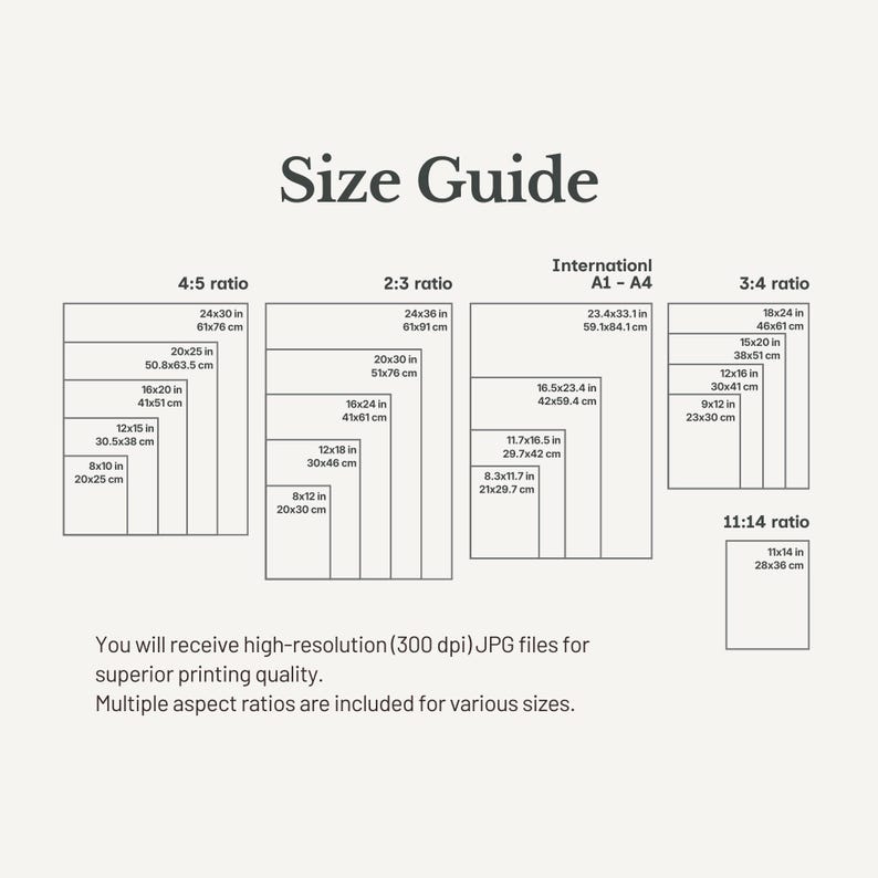May include: A size guide chart featuring black text on a light background. It lists various print dimensions in inches and centimeters categorized by aspect ratios including 4:5, 2:3, 3:4, 11:14, and International A1-A4. It notes high-resolution 300 dpi JPG files.