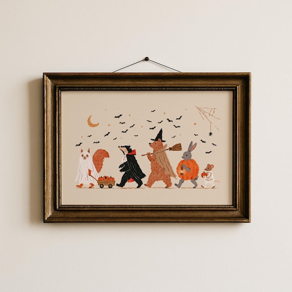 Halloween Parade Wall Art, Vintage Storybook Print, Whimsical Fall Decor, Trick or Treat Art, Nostalgic Autumn Poster (Digital Download)