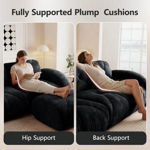 May include: A dark charcoal gray modular sofa with plump, rounded cushions. The image features two panels labeled Fully Supported Plump Cushions, with text overlays indicating Hip Support and Back Support for the seating arrangement.