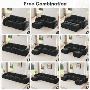 May include: A modular black sofa set featuring tufted cushions and rounded armrests, displayed in nine different configurations labeled Free Combination. The furniture consists of individual square seating units and ottomans in a plush fabric.