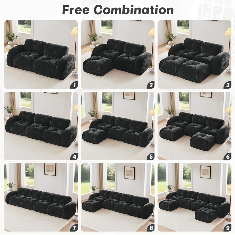 May include: A modular black sofa set featuring tufted cushions and rounded armrests, displayed in nine different configurations labeled Free Combination. The furniture consists of individual square seating units and ottomans in a plush fabric.