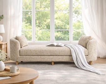 Upholstered Chaise Lounge Bench with Arms, Chenille Fabric, Rubberwood Legs