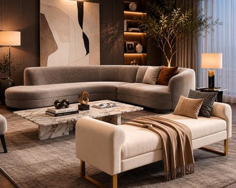 Beige Chenille Upholstered Bench with Arms, Gold Metal Legs, Modern Entryway Ottoman Seat