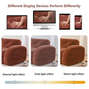 May include: The image shows a comparison of how a brown upholstered sofa appears on different display devices, including a laptop, desktop monitor, tablet, and smartphone. The image also shows the sofa under different lighting conditions: natural, cold, and warm light effects.