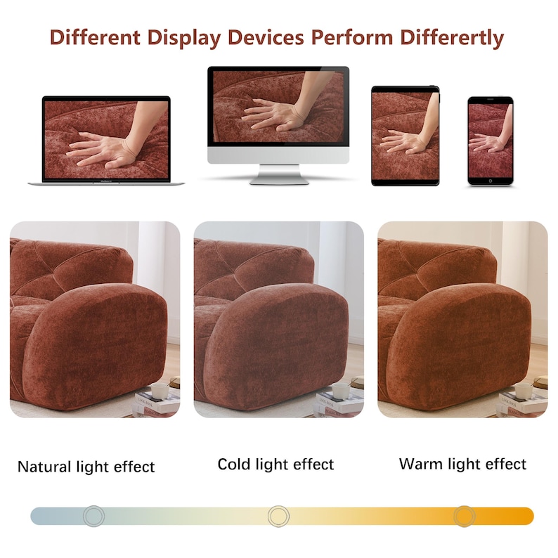 May include: The image shows a comparison of how a brown upholstered sofa appears on different display devices, including a laptop, desktop monitor, tablet, and smartphone. The image also shows the sofa under different lighting conditions: natural, cold, and warm light effects.