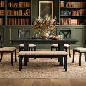 Farmhouse Acacia Wood Extendable Dining Set for 6, Black Cushioned Chairs Bench