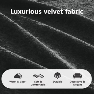 May include: A dark gray velvet fabric with a textured surface. The text reads Luxurious velvet fabric. Below, a white rounded rectangle contains four icons with the text Warm & Cozy, Soft & Comfortable, Durable, and Decorative & Elegant.
