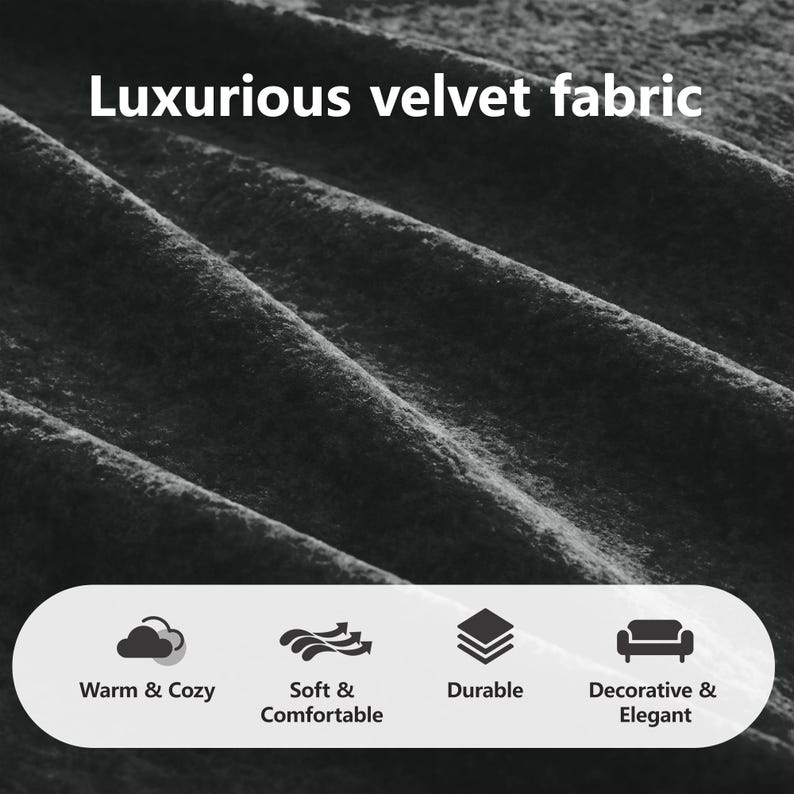 May include: A dark gray velvet fabric with a textured surface. The text reads Luxurious velvet fabric. Below, a white rounded rectangle contains four icons with the text Warm & Cozy, Soft & Comfortable, Durable, and Decorative & Elegant.