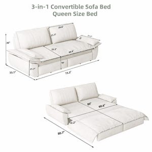 May include: A white 3-in-1 convertible sofa bed, queen size. The sofa is shown in two configurations with dimensions. The sofa is 73.2 inches long, 33.1 inches wide, and 36 inches high. The bed is 80.7 inches long.