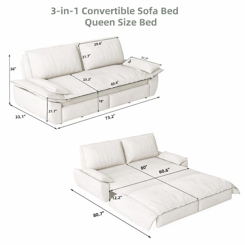 May include: A white 3-in-1 convertible sofa bed, queen size. The sofa is shown in two configurations with dimensions. The sofa is 73.2 inches long, 33.1 inches wide, and 36 inches high. The bed is 80.7 inches long.