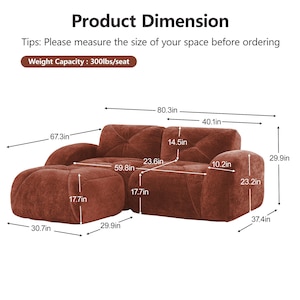 May include: A rust-colored sectional sofa with an ottoman, featuring dimensions in inches. The sofa is 80.3 inches long, 40.1 inches wide, and 29.9 inches high. The ottoman is 30.7 inches by 29.9 inches. Weight capacity is 300lbs/seat.