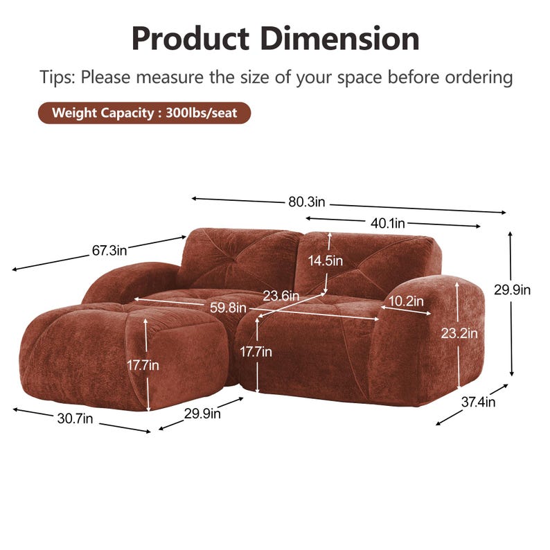 May include: A rust-colored sectional sofa with an ottoman, featuring dimensions in inches. The sofa is 80.3 inches long, 40.1 inches wide, and 29.9 inches high. The ottoman is 30.7 inches by 29.9 inches. Weight capacity is 300lbs/seat.