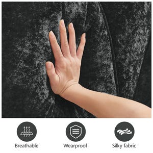 May include: A black, textured fabric surface with a soft, plush appearance. Below the fabric are three circular icons with white line drawings and text labels: a steam icon labeled Breathable, a shield icon labeled Wearproof, and a wavy arrow icon labeled Silky fabric.