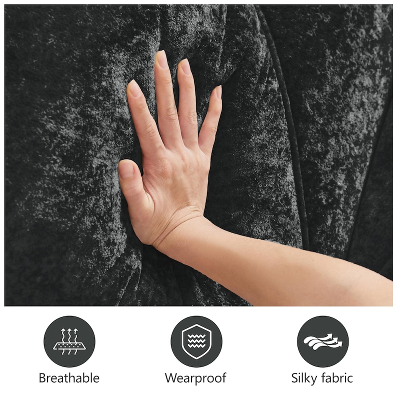 May include: A black, textured fabric surface with a soft, plush appearance. Below the fabric are three circular icons with white line drawings and text labels: a steam icon labeled Breathable, a shield icon labeled Wearproof, and a wavy arrow icon labeled Silky fabric.