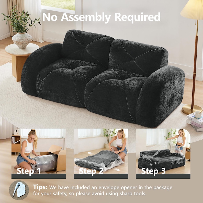 May include: A black velvet-textured sofa with a tufted design and rounded armrests. The image includes text stating No Assembly Required and instructions showing the sofa being removed from a box, unwrapped from plastic, and expanded.