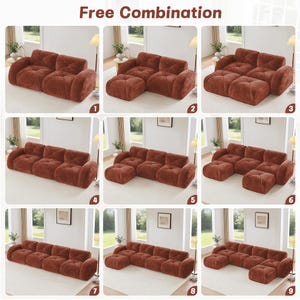 May include: A series of nine images showcasing various configurations of a modular, rust-colored sofa set. The set includes multiple sofa sections and ottomans, allowing for flexible arrangements. The text "Free Combination" is at the top.