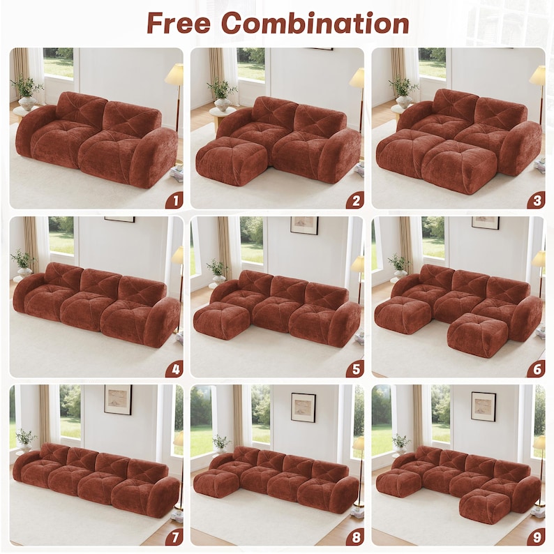 May include: A series of nine images showcasing various configurations of a modular, rust-colored sofa set. The set includes multiple sofa sections and ottomans, allowing for flexible arrangements. The text "Free Combination" is at the top.